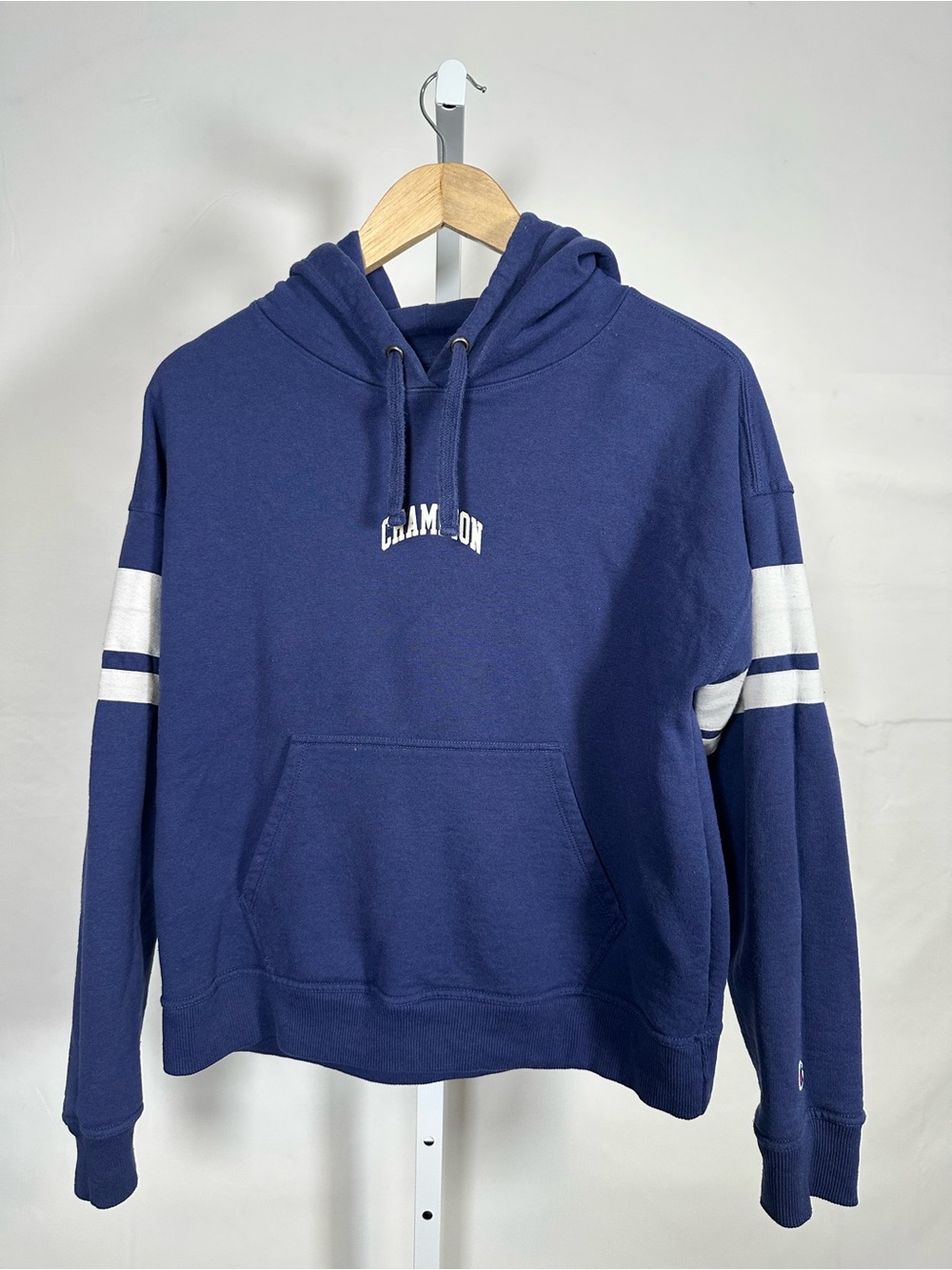 Champion Navy Hoodie with White Sleeve Stripes